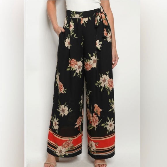 Black Floral Palazzo Pants - Picture 4 of 4